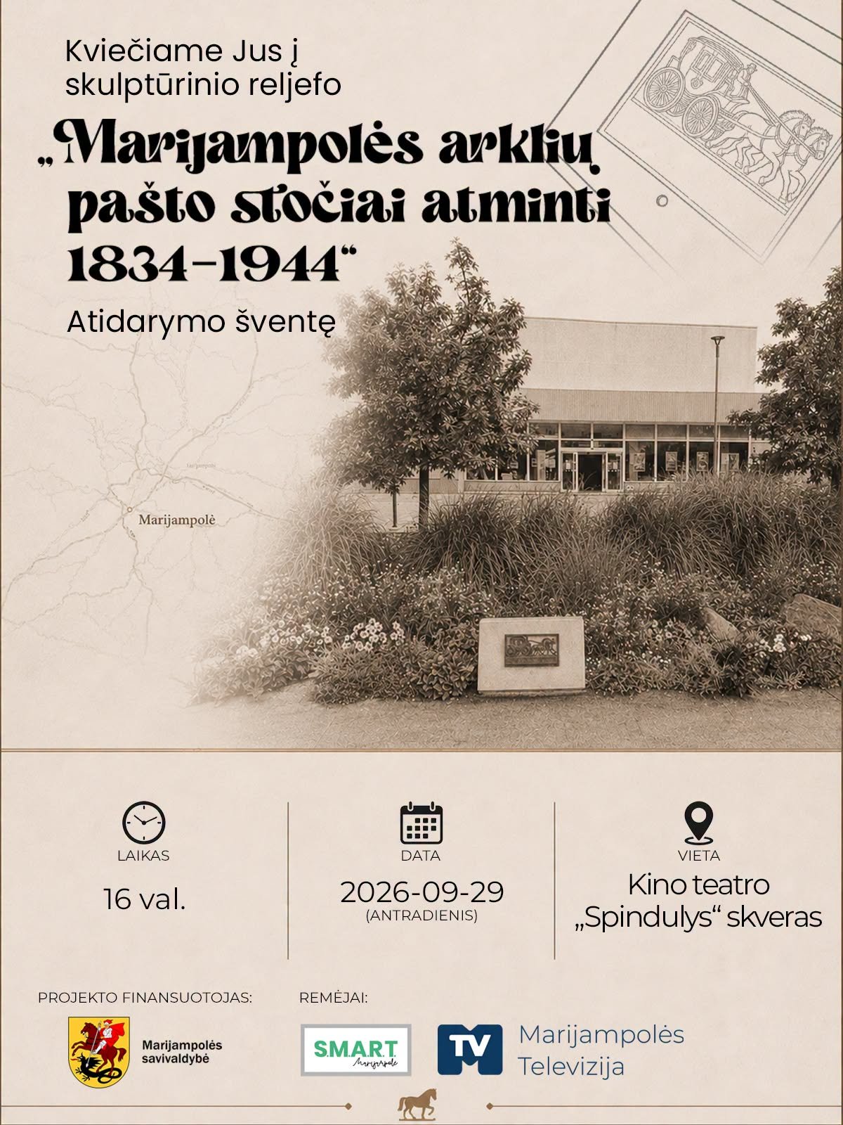You are currently viewing Rugsėjo 29 d. vyks skulptūrinio reljefo „Marijampolės arklių pašto stočiai atminti“ atidarymo renginys